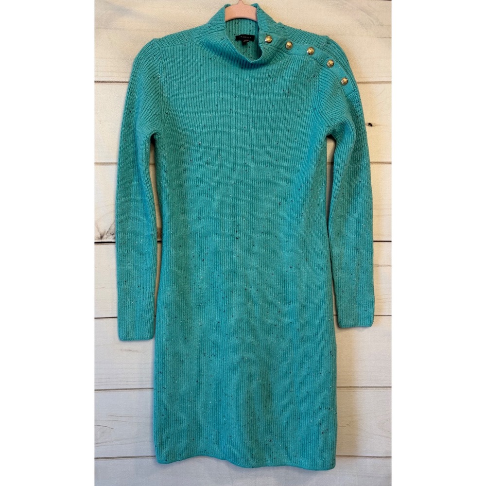 Talbots Turquoise Donegal Ribbed Knit Mock Neck Button Shoulder Sweater Dress XS